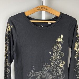 Vintage Y2K Cache Tee'z Black Gold Floral Butterfly T-Shirt Womens M Long Sleeve
